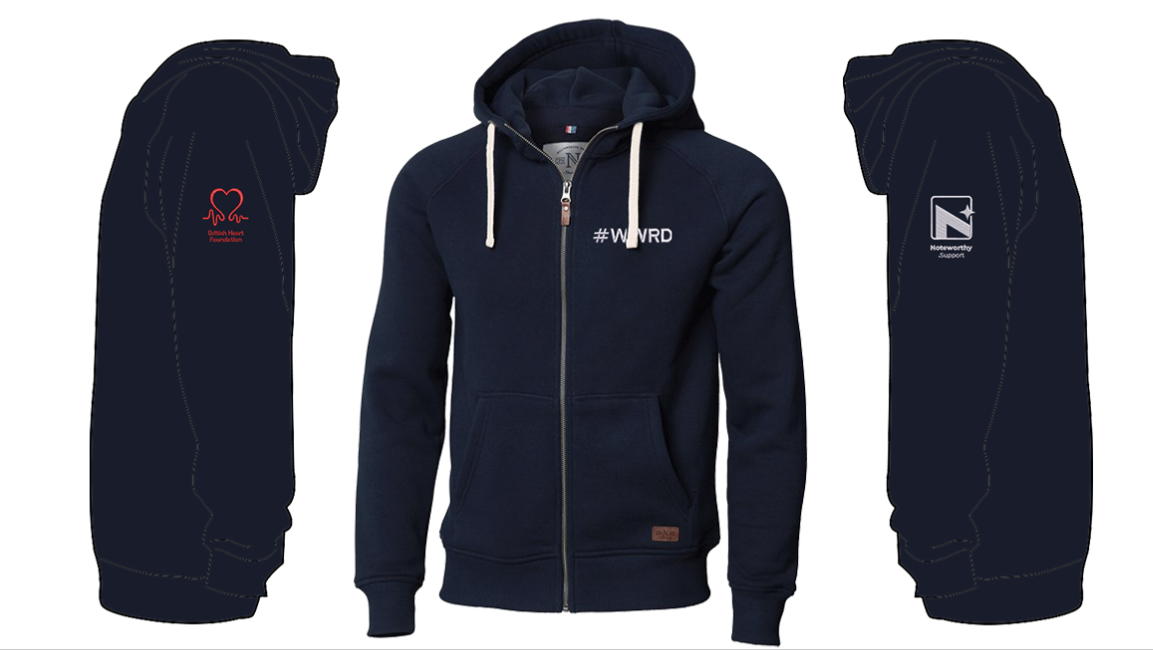 #WWRD navy hoodie mockup showing front, and sleeve details with British Heart Foundation and Noteworthy Support logos